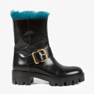 Prada Blue Fur Black Leather Moto Boots